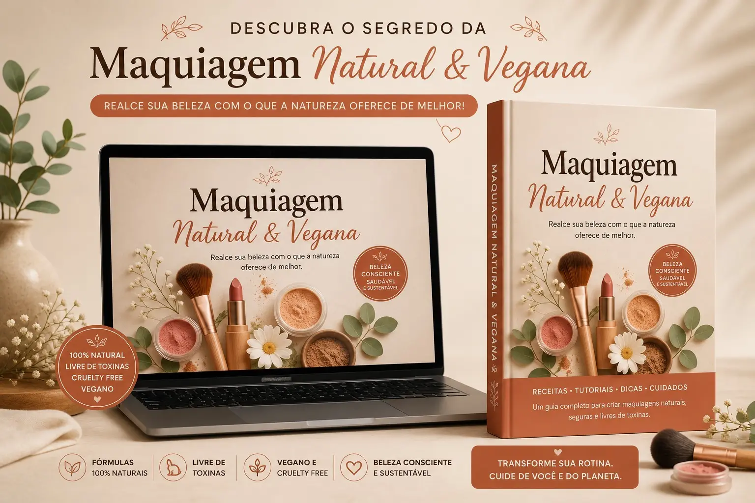 Curso Maquiagem Natural e Vegana apresentado em notebook e livro